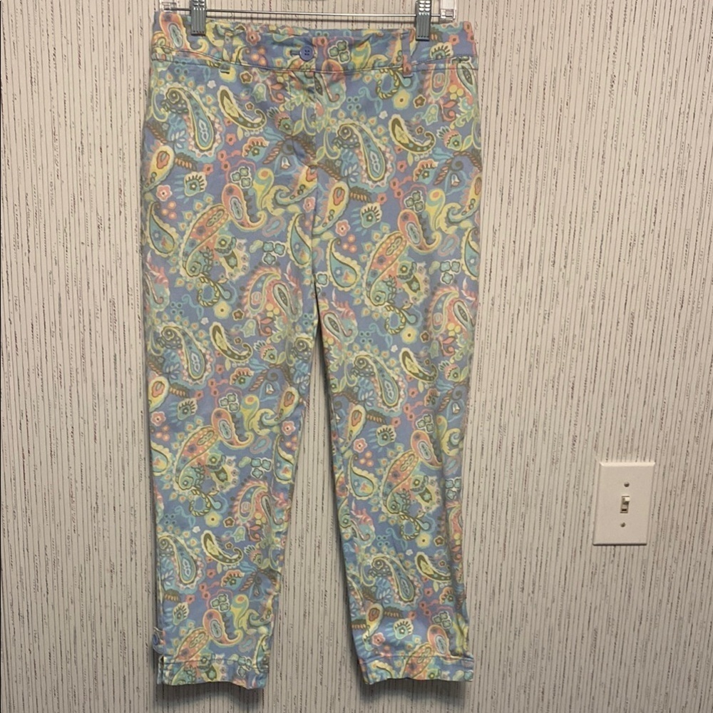 Talbots Colorful Paisley Talbots Size 4 Light Blue Crop Pants Front Zip Button